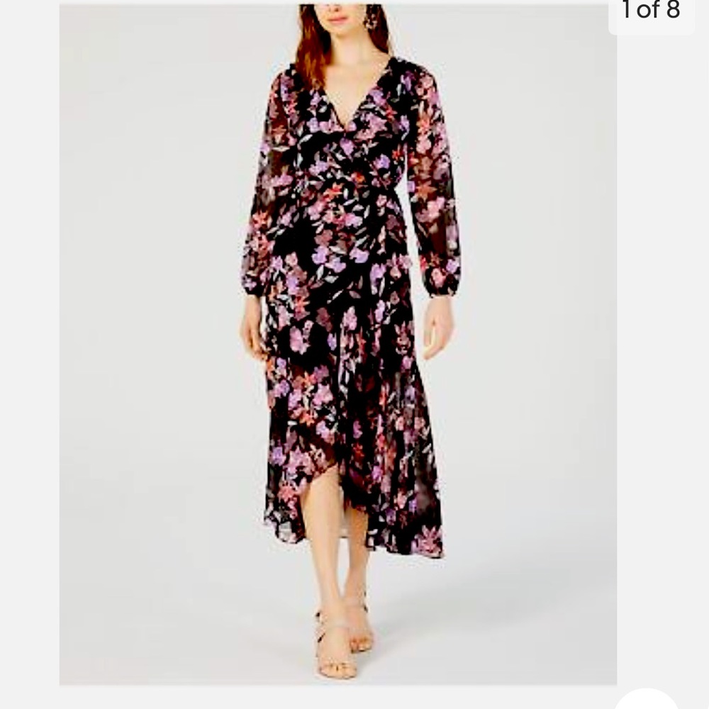 BAR III Womens Black Floral Long Sleeve V Neck Tea-Length Hi-Lo Dress